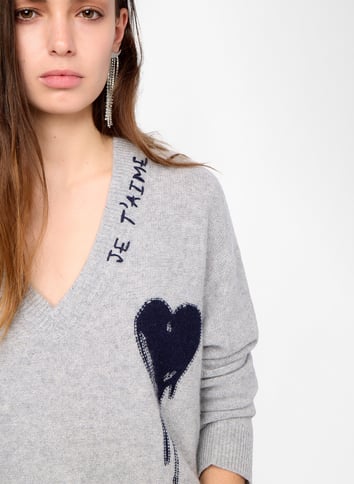 Pull droit col V en cachemire imprimé ZADIG&VOLTAIRE Gris